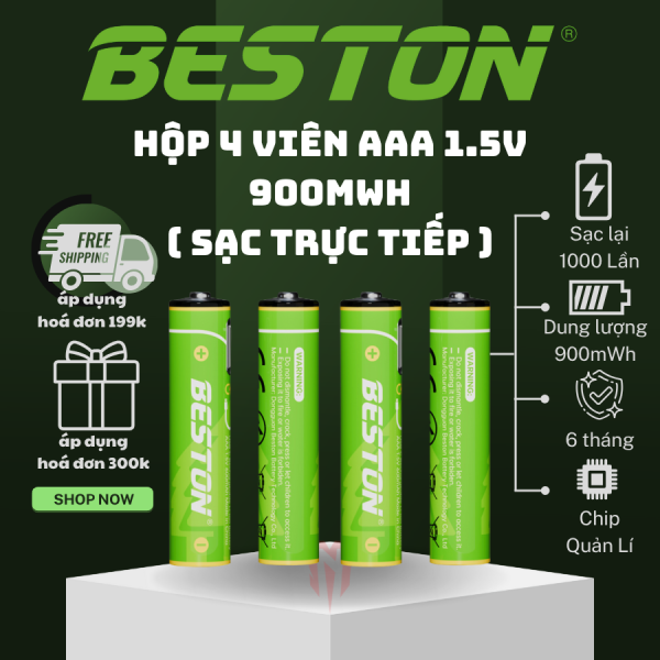 Hộp 4 viên Pin sạc Beston 3A Lithium 1.5V, sạc trực tiếp cổng USB type C, pin remode, pin đồ chơi