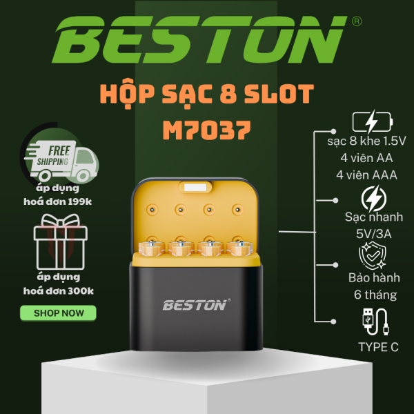 Hộp 4 pin BESTON 2A 3A 1.5V , sạc 8 slot M7037 USB-C dùng cho pin AA và AAA 1.5V