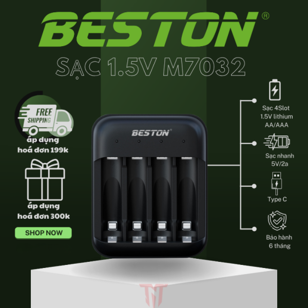 Bộ sạc pin Beston 1.5V M7032 Sạc nhanh Tự ngắt mẫu mới USB-C Li-ion cao cấp