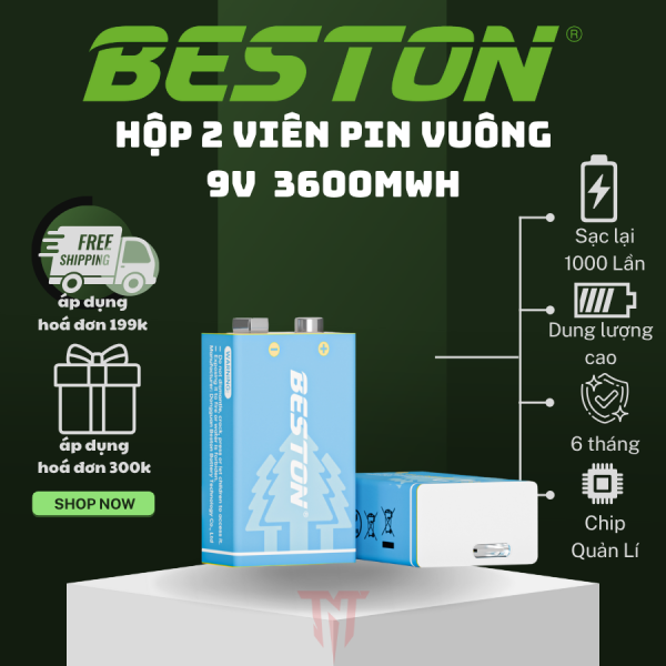 Bộ 2 viên Pin 9V Sạc Type-C Beston 3600mWh Li-on dùng cho micro, đồ hồ đo điện,chuông báo,đàn guitar