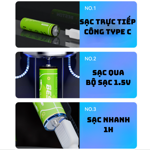 Bộ 4 Pin sạc AA 1.5V Beston 2200mWh Lithium 2AC-60, hỗ trợ sạc nhanh trực tiếp bằng cổng USB type C